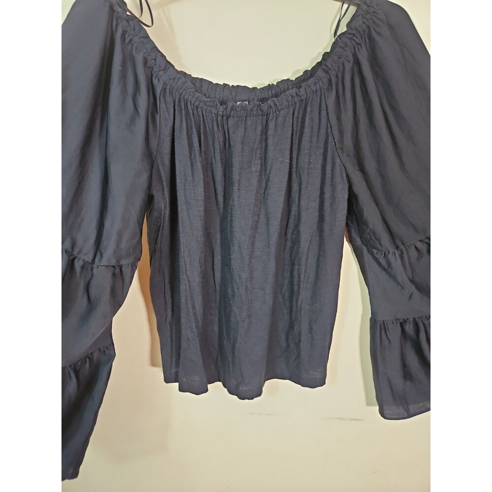 Anthropologie Black Off The Shoulder Black Top Size M Tiered Wide Bell Sleeve - Picture 3 of 7